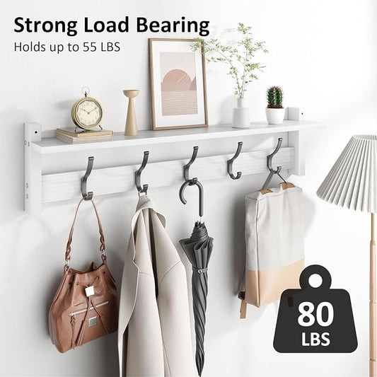 Optish Coat Rack Wall Mount with Shelf, 29 Inch Coat Hanger Walls Mounted, Hat Rack for Walls, Shelf with 5 Coat Hooks, Wall Hanger for Entryway (White)