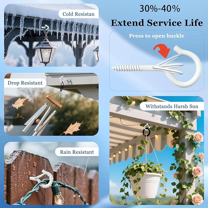 24 Pack White Screw Hooks with Safety Buckle - 2.3 Inch Rustproof Eye Ceiling Hooks for Hanging Plants,Outdoor String Lights,Baskets,Christmas Lights & Decor,40lb Capacity (24, White)