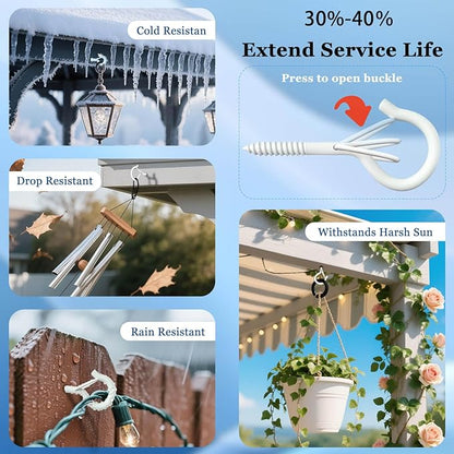 24 Pack White Screw Hooks with Safety Buckle - 2.3 Inch Rustproof Eye Ceiling Hooks for Hanging Plants,Outdoor String Lights,Baskets,Christmas Lights & Decor,40lb Capacity (24, White)