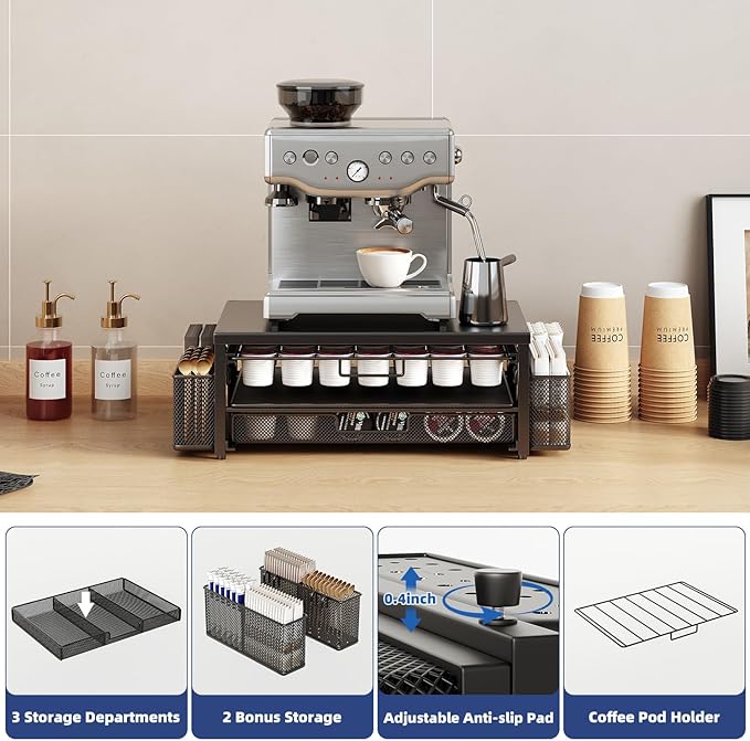 Metal Coffee Pod Holder for 80 Capsules with Storage Drawer & 2 Accessory Holders,2 Tier K Cup Holder Organizer for Countertop,Black