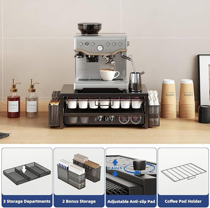 Metal Coffee Pod Holder for 80 Capsules with Storage Drawer & 2 Accessory Holders,2 Tier K Cup Holder Organizer for Countertop,Black