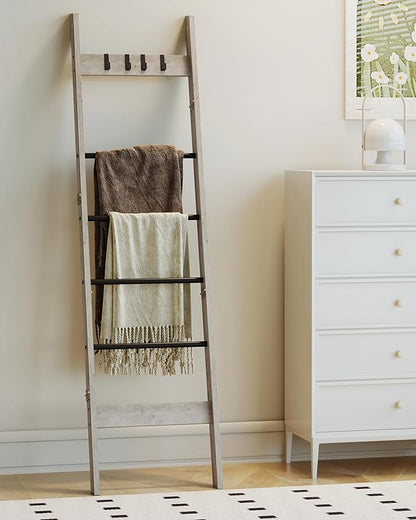 Hzuaneri Blanket Ladder for Living Room, Decorative Quilt Rack with 4 Removable Hooks, 6-Tier Farmhouse Ladder Holder Shelf Organizer for Bedroom, Greige and Black BR31505B