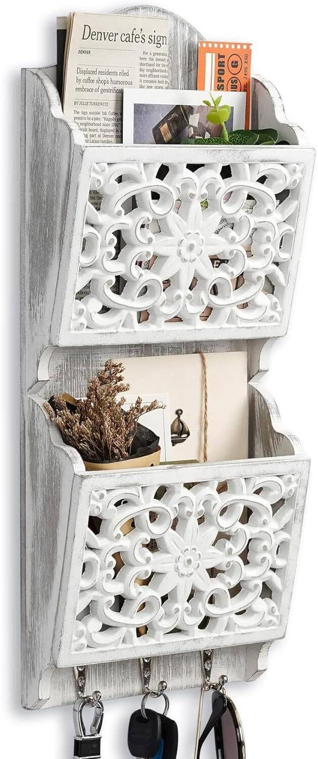 Key and Mail Holder for Wall Mail Holder for Wall, 2-Slot Mails Organizer with 3 Hooks, Key Hangers Rustic Wooden Walls Organizers for Letter Magazines