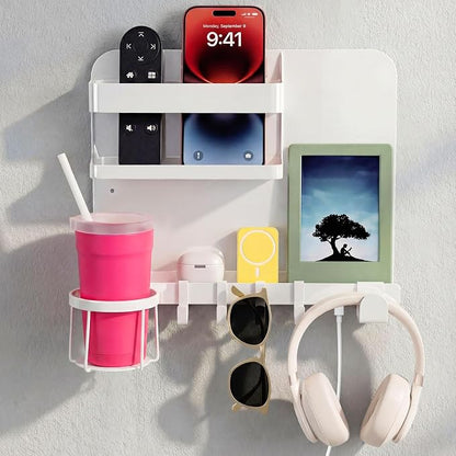 Novabright White 13 x 10 Inch Bedside Wall Organizer for Bedroom, Large Metal Floating Bedside Shelf Wall Mount Storage for Phone Remote Control Cup Holder Dorm Room, Rv, Small Room Accessories