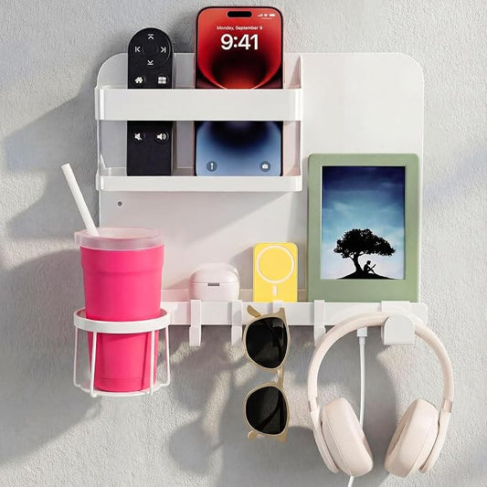 Novabright White 13 x 10 Inch Bedside Wall Organizer for Bedroom, Large Metal Floating Bedside Shelf Wall Mount Storage for Phone Remote Control Cup Holder Dorm Room, Rv, Small Room Accessories
