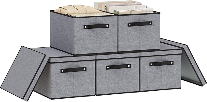 YheenLf Storage Bins with Lids and Handles, Storage Boxes for Organizing Shelves, Decorative Linen Closet Organizers, Gray, 16.5 x 11.8 x 10.2 Inch, 5-Pack