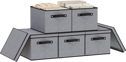 YheenLf Storage Bins with Lids and Handles, Storage Boxes for Organizing Shelves, Decorative Linen Closet Organizers, Gray, 16.5 x 11.8 x 10.2 Inch, 5-Pack