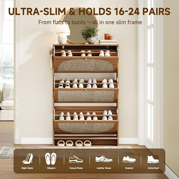 Nicetree Freestanding Ultra Slim Fluted Accent Shoe Storage Cabinet for Entryway - 3 Flip Drawers & 3-Tier Adjustable Shelves, Farmhouse Modern Rustic Shoe Rack for Hallway, Foyer