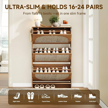Nicetree Freestanding Ultra Slim Fluted Accent Shoe Storage Cabinet for Entryway - 3 Flip Drawers & 3-Tier Adjustable Shelves, Farmhouse Modern Rustic Shoe Rack for Hallway, Foyer
