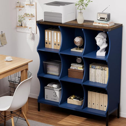 9 Cube Book Shelf, Low and Short Bookshelf, Long Cube Storage Organizer Wood TV Stand, Toy Organization DVD Cabinets for Living Room, Office, Bedroom, Dorm, Blue with Natural Top