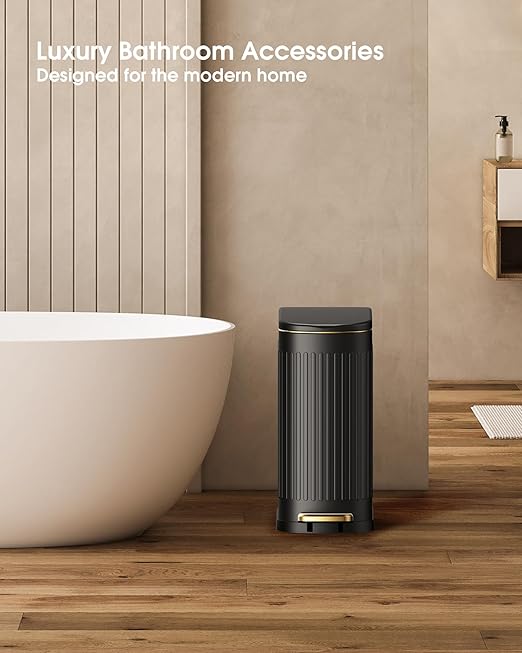CEROELDA Black Bathroom Trash Can with Lid-10L/2.6 Gallon Stainless Steel Step Slim Garbage Can-Rectangle Pedal Trash Bin for Narrow Office, Kitchen, Bedroom, Toilet-Soft Close