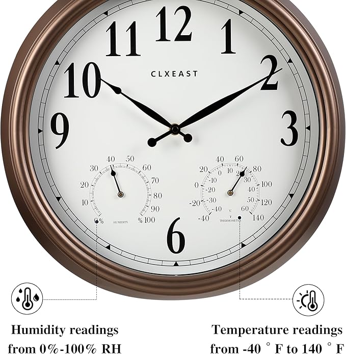 CLXEAST Indoor Outdoor Clocks Waterproof 18 Inch, Large Outdoor Clock with Temperature and Humidity Combo,Weatherproof,Bronze/Brown