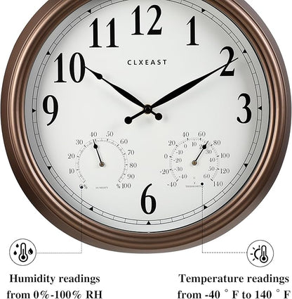 CLXEAST Indoor Outdoor Clocks Waterproof 18 Inch, Large Outdoor Clock with Temperature and Humidity Combo,Weatherproof,Bronze/Brown