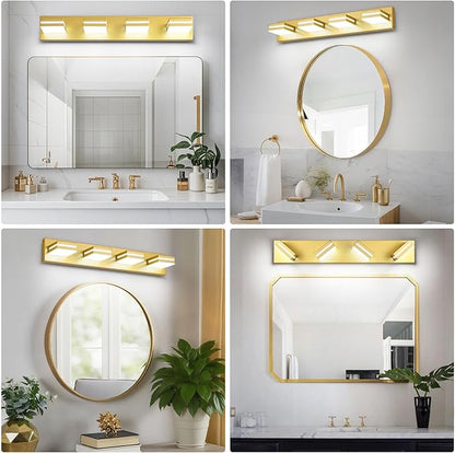 Modern LED Bathroom Lights Fixtures(4-Light),Metal Gold Acrylic Wall Lighting,Vanity Lights for Bathroom Over Mirror(6000k 27in)