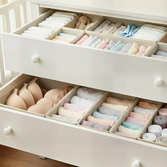 Drawer Organizer Set 6 Pack - Foldable 11" Fabric Storage Bins with Zipper Bottom for Underwear Socks Bras Baby Clothes - Closet Dresser Dividers for Bedroom Nursery, Light Grey