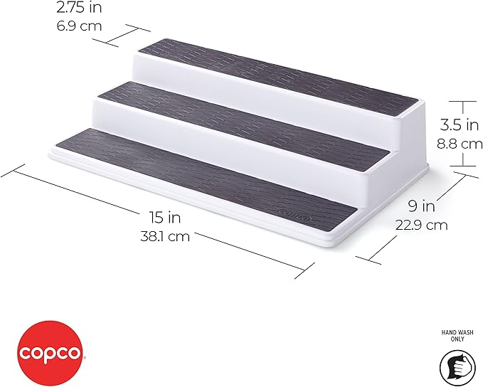 Copco 3-Tier Spice Rack Organizer for Cabinet - Non-Skid Pantry Organizer and Storage, 15 Inch Tiered Shelf for Spices, Cans, Sauces - White and Gray Kitchen Cabinet Organizer