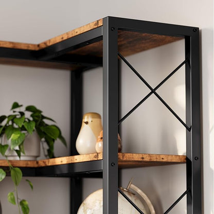 IRONCK Corner Bookshelf, 7-Tier Industrial Corner Bookcase, Tall Corner Shelf Storage Display Rack with Metal Frame for Living Room Home Office, Vintage Brown