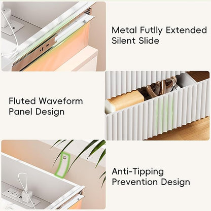 Nightstand with Charging Station & LED Lights, Modern Small Fluted Bedside & End Table with 3 Drawers, Sliding Top & Hidden Storage, Wooden Farmhouse Night Stand for Bedroom Office Sofa, White