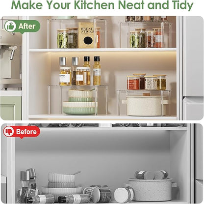 Delamu Cabinet Shelves, Clear Stackable Acrylic Storage Risers with Heavy Duty Support, Cabinet Organizer Shelf for Spices, Seasonings, Jars, Pantry, Kitchen Counter, Easy Assembly