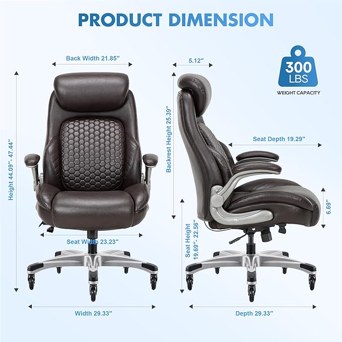 COLAMY Office Chair Ergonomic Desk High Back Executive Chair with Pop-Out Lumbar Support, Upgraded Casters, Adjustable Headrest, Flip-Up Arms, Leather Home with Thick Cushion for Comfort - Brown