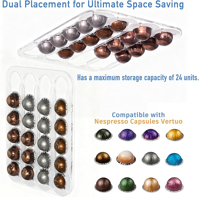 Nespresso Vertuo Pods Holder Wall Mounted, Side Mount Coffee Pod Organizer Storage Rack Holds up to 24 Espresso Capsules in 4 Rails, Clear Acrylic, Save Space, 14.8x11.6x0.25 Inches