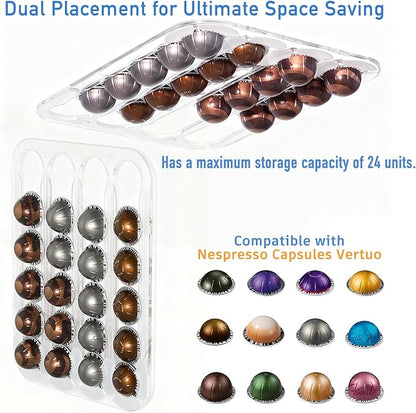Nespresso Vertuo Pods Holder Wall Mounted, Side Mount Coffee Pod Organizer Storage Rack Holds up to 24 Espresso Capsules in 4 Rails, Clear Acrylic, Save Space, 14.8x11.6x0.25 Inches