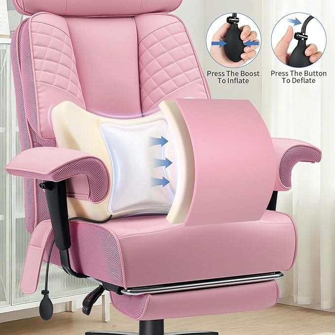 HOFFREE Big and Tall Office Chair 500lbs for Heavy People Executive Office Desk Chair with Wide Seat PU Leather Computer Chair with Adjustable Lumbar Support Pink