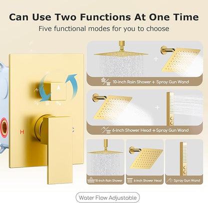 Shower System Brushed Gold Shower Faucet Set,Five Functions Knob Diverter Rainfall Shower Faucet with 2 in 1 Handheld,10'' Ceiling Mount and 6'' Wall Mount Rainfall Shower System