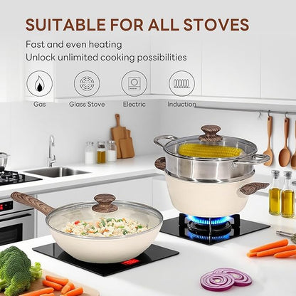 Sweetcrispy 17 Pcs Nonstick Pots and Pans, Non-toxic Kitchen Cooking Set, Induction Cookware Sets with Stay-Cool Handles, Beige