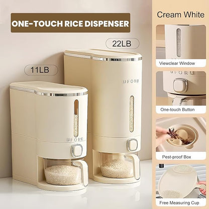 UFORU Rice Dispenser, 22 Lbs Rice Storage Container with Measuring Cup for Kitchen Pantry Household, Cereal Dry Food Storage Containers Airtight, Sealed Moisture Proof, Cream White