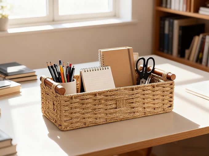 Toilet Tank Basket, Khaki Wicker Storage Basket with Wooden Handles, Handwoven Paper Rope Toilet Tank Organizer, Basket for Top of Toilet, Bathroom Countertop Baskets for Organizing