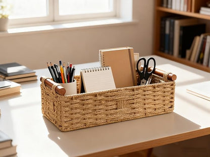 Toilet Tank Basket, Khaki Wicker Storage Basket with Wooden Handles, Handwoven Paper Rope Toilet Tank Organizer, Basket for Top of Toilet, Bathroom Countertop Baskets for Organizing
