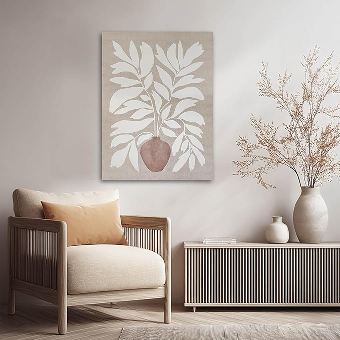 ZENPEE Boho Botanical Wall Art, Neutral Beige Canvas Prints, Framed, Ready to Hang, Modern Farmhouse Decor for Living Room Bedroom 24x32 inch