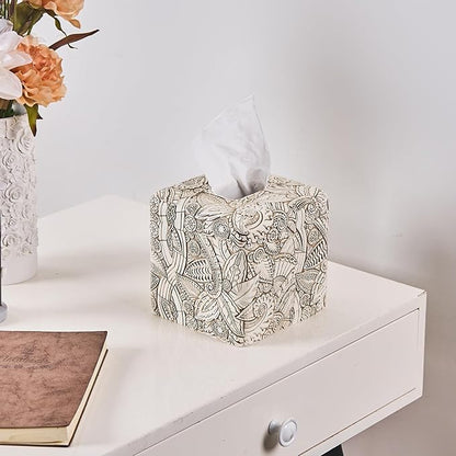 Tropical Leaves Vintage Wood Carved Square Tissue Box Cover Decorative,Tissue Box Holder, Facial Paper Holder for Bathroom Vanity Countertop, Bedroom Night Stand,Office and End Table, Rustic White