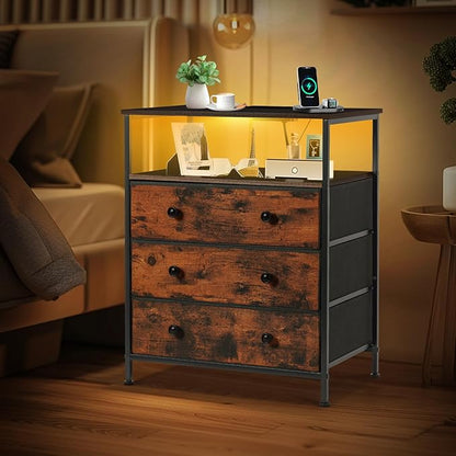 3 Drawers Dresser with Charging Station, 24 Inch Wide LED Night Stand with Adjustable Fabric Drawer, Nightstand with Storage Shelf for Living Room/Bedroom/Office, Rustic Brown.