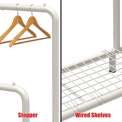 Simple Houseware Double Rod Clothing Garment Rack with Bottom Shelves, White