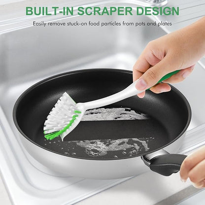 SetSail Dish Brush with Handle, 2 Pack Stiff Bristles Dish Scrubber with Built-in Scraper Dish Scrub Brushes for Cleaning Dishes, Pots and Pans, Kitchen Sink, Green