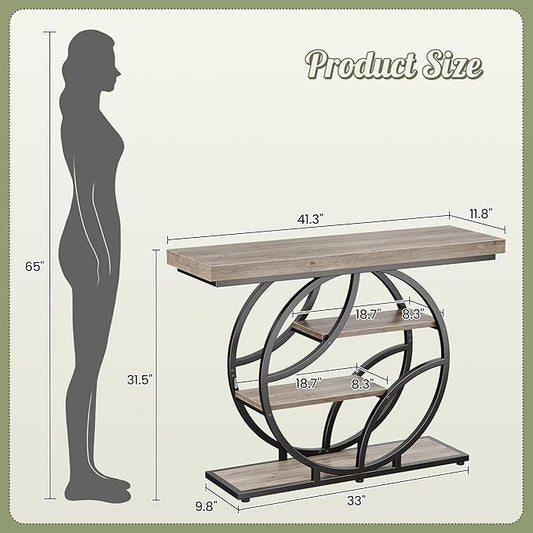 Huuger 41.3 Inch Entryway Table, Modern Console Sofa Table, Accent Table with Shelves, for Entry, Hallway, Entrance, Foyer, O-Shaped Metal Frame, Grey