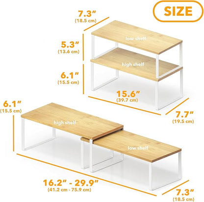 SpaceAid Cabinet Shelf Organizers 2 Pack, Kitchen Counter Rack Shelves Riser, Stackable Expandable Spice Rack, Pantry Cupboard Storage Organization (White and Natural, Long)