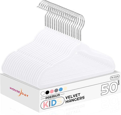 HOUSE DAY 14 Inch Kids Velvet Hangers 50 Pack, Durable Big Kids Hangers for Youth,Teen, Non Slip Kid Felt Hanger, Cute Childrens Hanger for Closet, White