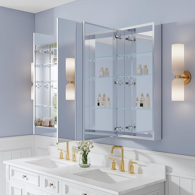 WELLFOR 56" x 36" Bathroom Medicine Cabinet with Mirror, Anodized Chrome Aluminum Frame, Surface Mount or Recessed Medicine Cabinet with Mirror, Bathroom Mirror with Storage, Three Doors