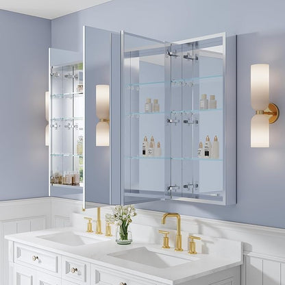 WELLFOR 56" x 36" Bathroom Medicine Cabinet with Mirror, Anodized Chrome Aluminum Frame, Surface Mount or Recessed Medicine Cabinet with Mirror, Bathroom Mirror with Storage, Three Doors