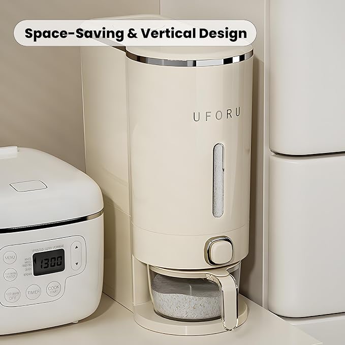 UFORU Rice Dispenser, 22 Lbs Rice Storage Container with Measuring Cup for Kitchen Pantry Household, Cereal Dry Food Storage Containers Airtight, Sealed Moisture Proof, Cream White
