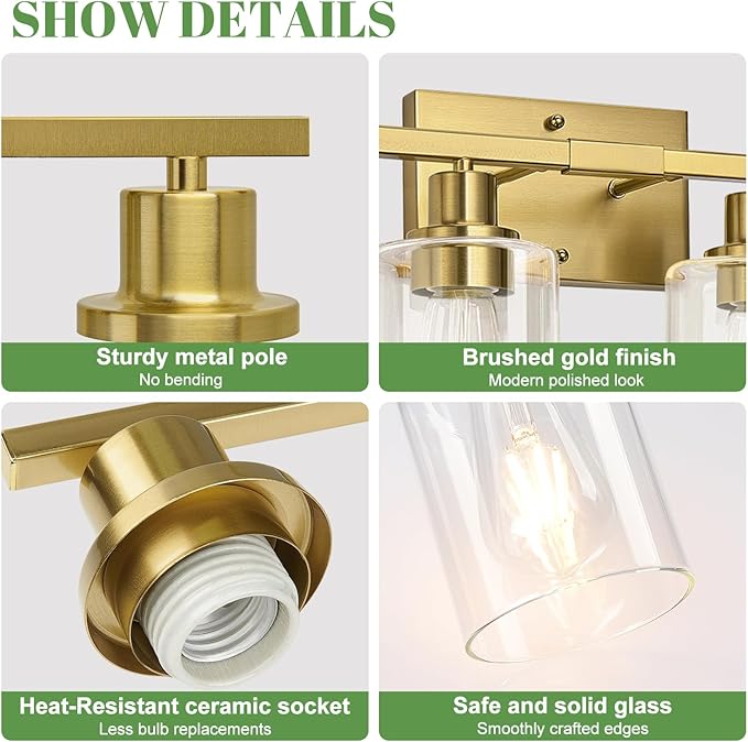 4-Light Bathroom Light Fixtures, Vanity Light with Clear Glass Shades, Brushed Gold Bathroom Light Fixtures Over Mirror, Modern Bathroom Wall Lamp for Mirror Living Room Cabinet Bedroom