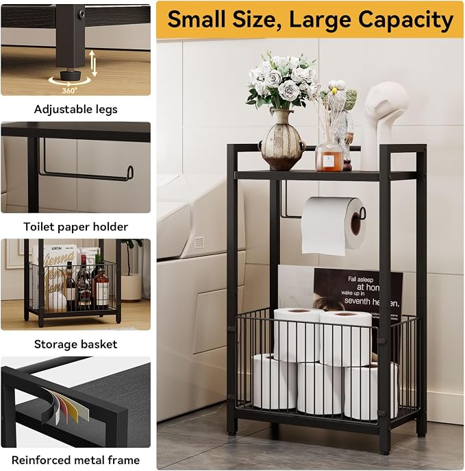 IBUYKE Freestanding Toilet Paper Holder Stand with Storage Shelf,Bathroom Toilet Tissue Roll Dispenser with Extra Space for Rolls, Magazines, Wet Wipes Black TLJ020B