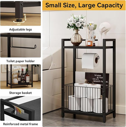 IBUYKE Freestanding Toilet Paper Holder Stand with Storage Shelf,Bathroom Toilet Tissue Roll Dispenser with Extra Space for Rolls, Magazines, Wet Wipes Black TLJ020B