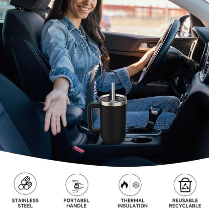 30 oz Tumbler with Handle,Tumbler with Lid and Straw,Double Wall Insulated Cup Stainless Steel Travel Mug(Cold for 34 Hours),Water Bottle for Iced Tea,Coffee,Cold Beverages(Black)