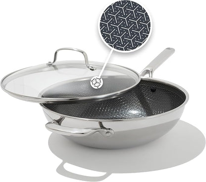 OXO Hybrid 12” Nonstick Wok with Glass Lid, PFAS-Free Ceramic Stir-Fry Pan, Induction & All Cooktop Compatible, Dishwasher Safe, Fusion Boost Tech for Powerful Searing, Mirror Polished Tri-Ply