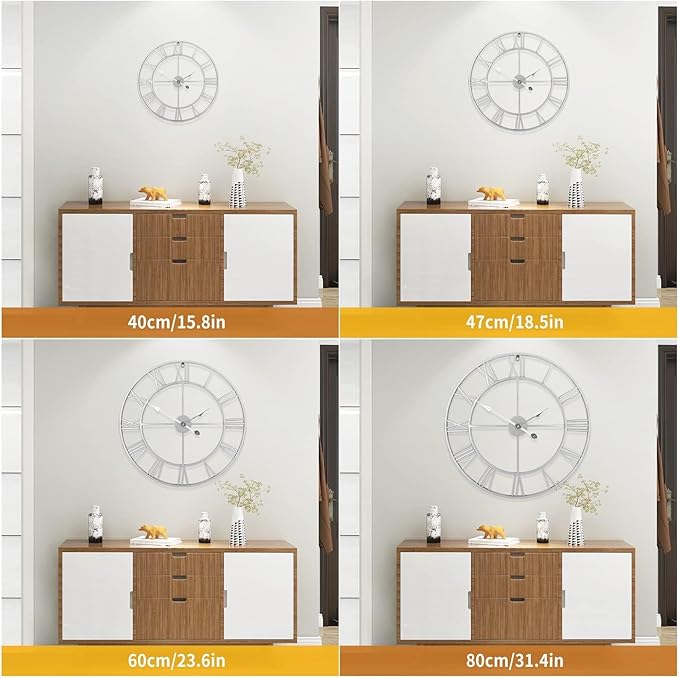 1st owned Large Wall Clock Silent Non-Ticking Roman Numerals Vintage Battery Operated (24 inch,18inch,16inch) Farmhouse Wall Clock for Living Room, Bedroom, Kitchen, Cafe Decor-Silver 47CM