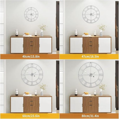 1st owned Large Wall Clock Silent Non-Ticking Roman Numerals Vintage Battery Operated (24 inch,18inch,16inch) Farmhouse Wall Clock for Living Room, Bedroom, Kitchen, Cafe Decor-Silver 47CM